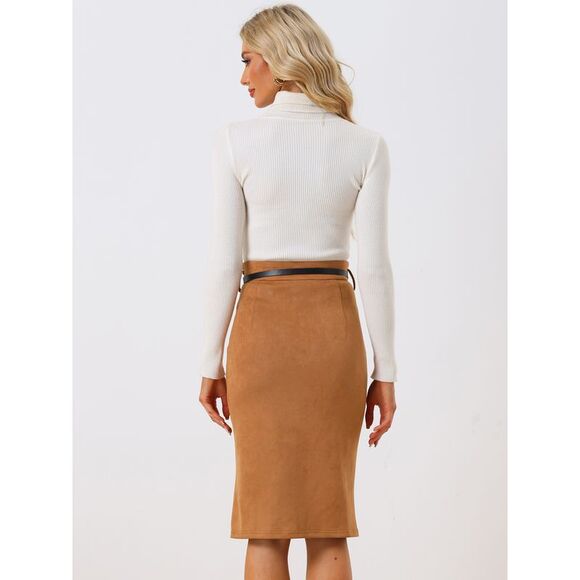 Faux Suede Skirt High Rise Button Front A-line Slit Skirt Brown - Picture 3 of 6